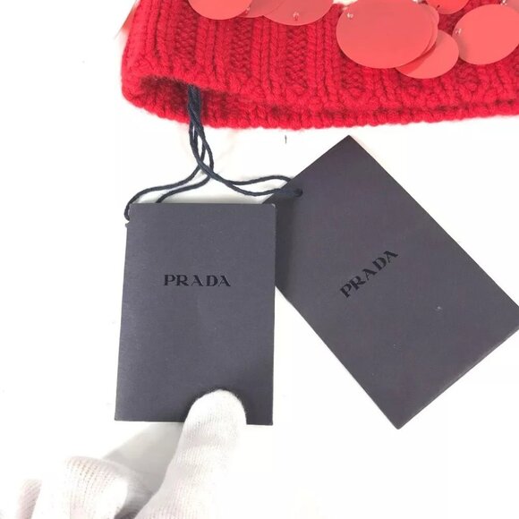 PRADA Sequin Knit hat Cashmere Red/White Unused - Picture 11 of 16